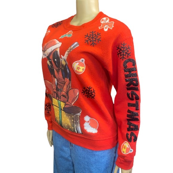 Marvel Deadpool Ugly Christmas Sweatshirt glittery Christmas spell out size S - Picture 5 of 14